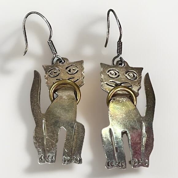 Taxco Jewelry - Silver and Gold Cat Dangle Earrings - Women's Jewelry